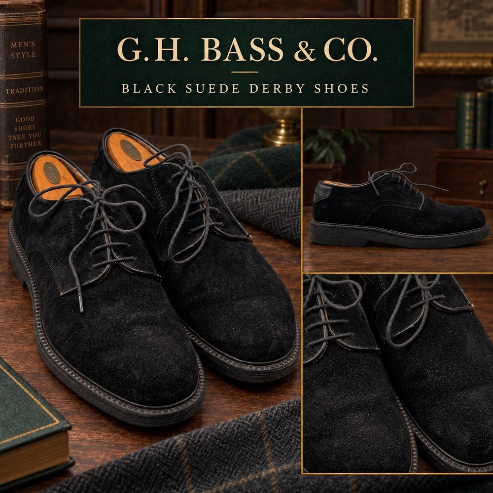 GH Bass & Co Mens Black Suede Derby Shoes Made in Italy 6228 1 Size 9.5 M